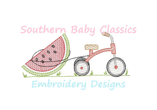 Tricycle Bike Pulling Watermelon Machine Embroidery Design Sketchy Fill Summer Boy or Girl