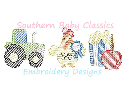 County Fair Trio Tractor Chicken Candy Apple Popcorn Sketchy Fill Machine Embroidery Design