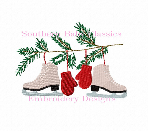 Ice Skates Skating Mittens on Pine Branch Machine Embroidery Design
