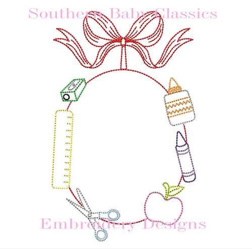 Back to School Supplies Oval Bow Monogram Frame Machine Embroidery Design