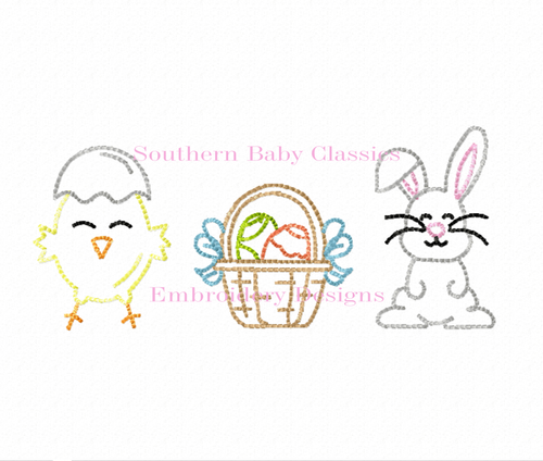 Easter Trio Chick Basket Bunny Vintage Stitch Machine Embroidery Design Rabbit Boy Girl