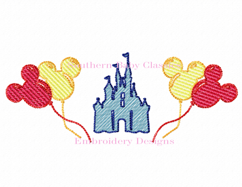Theme Park Castle Balloon Mouse  Row Sketchy Fill  Machine Embroidery Design Boy or Girl