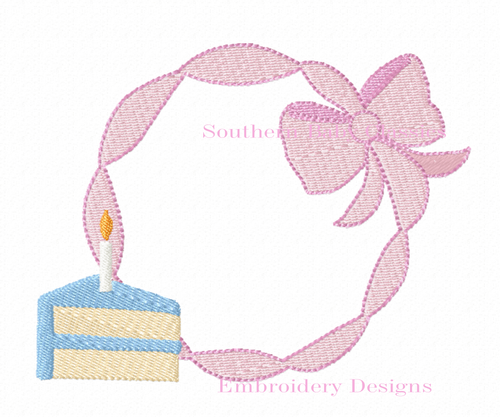 Birthday Cake Tucked Ribbon With Bow Monogram Party Frame Machine Embroidery Design Preppy Girl Baby Linens