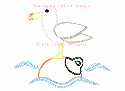 Seagull Bird Sitting on Buoy Machine Embroidery Design Quick Vintage Outline Stitch Summer Boy Girl Vacation