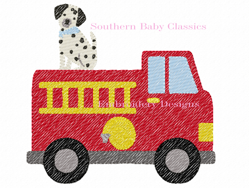 Dalmation Puppy Dog With Fire Truck Sketchy Fill Machine Embroidery Design Preppy Baby Boy