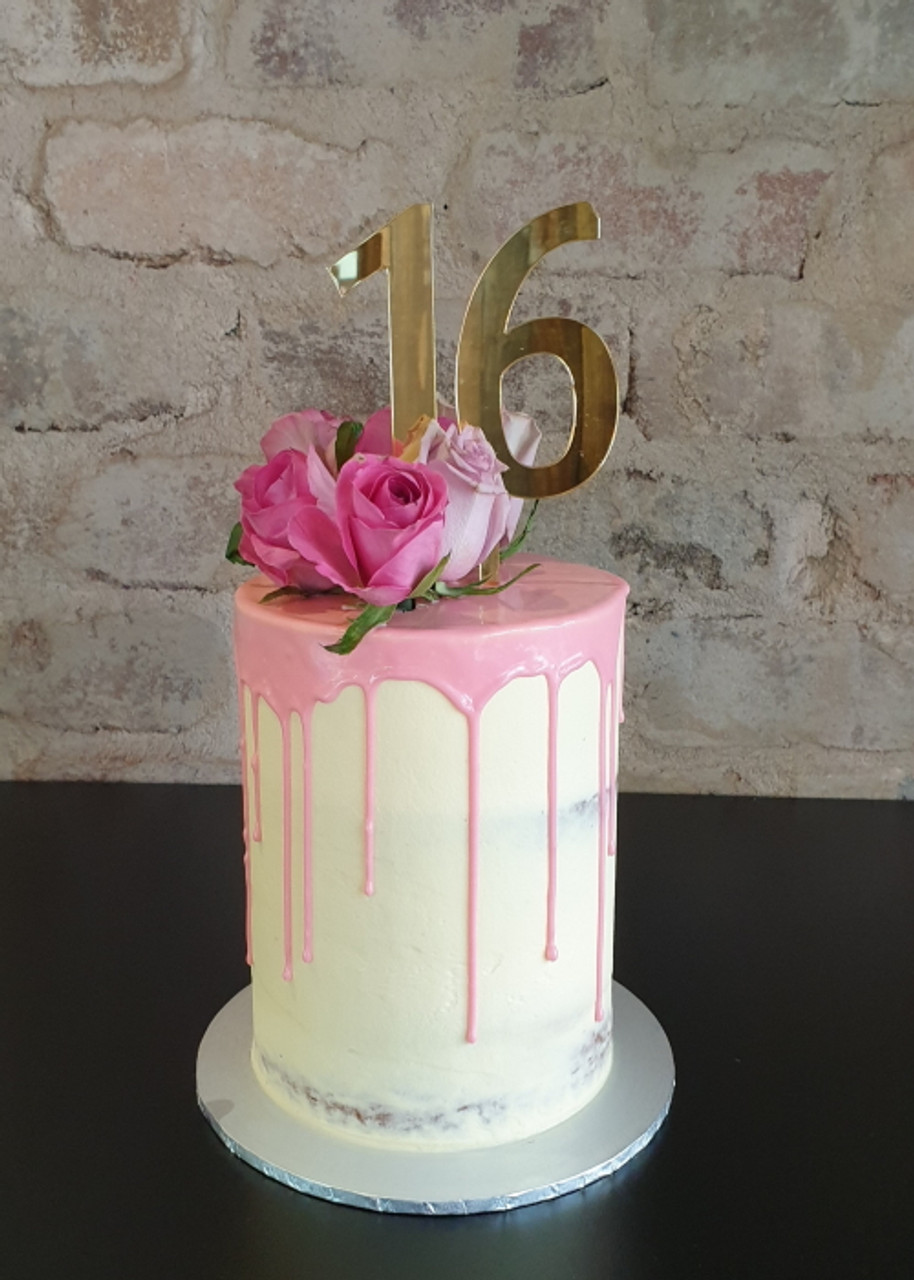 Pink sweet 16 cake with isomalt topper - FunCakes