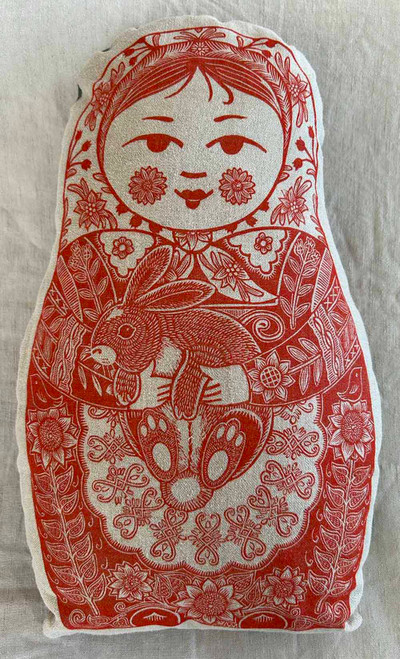 Babushka & Bunny shaped pillow white linen