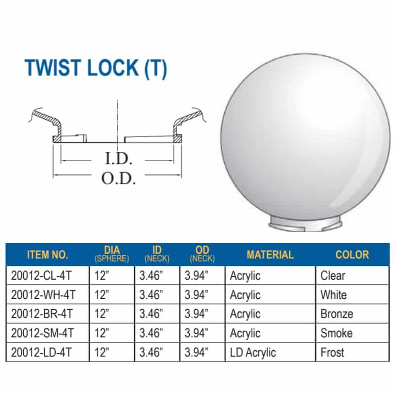12" Smoke Acrylic Light Globe Twist Lock Base Replacement