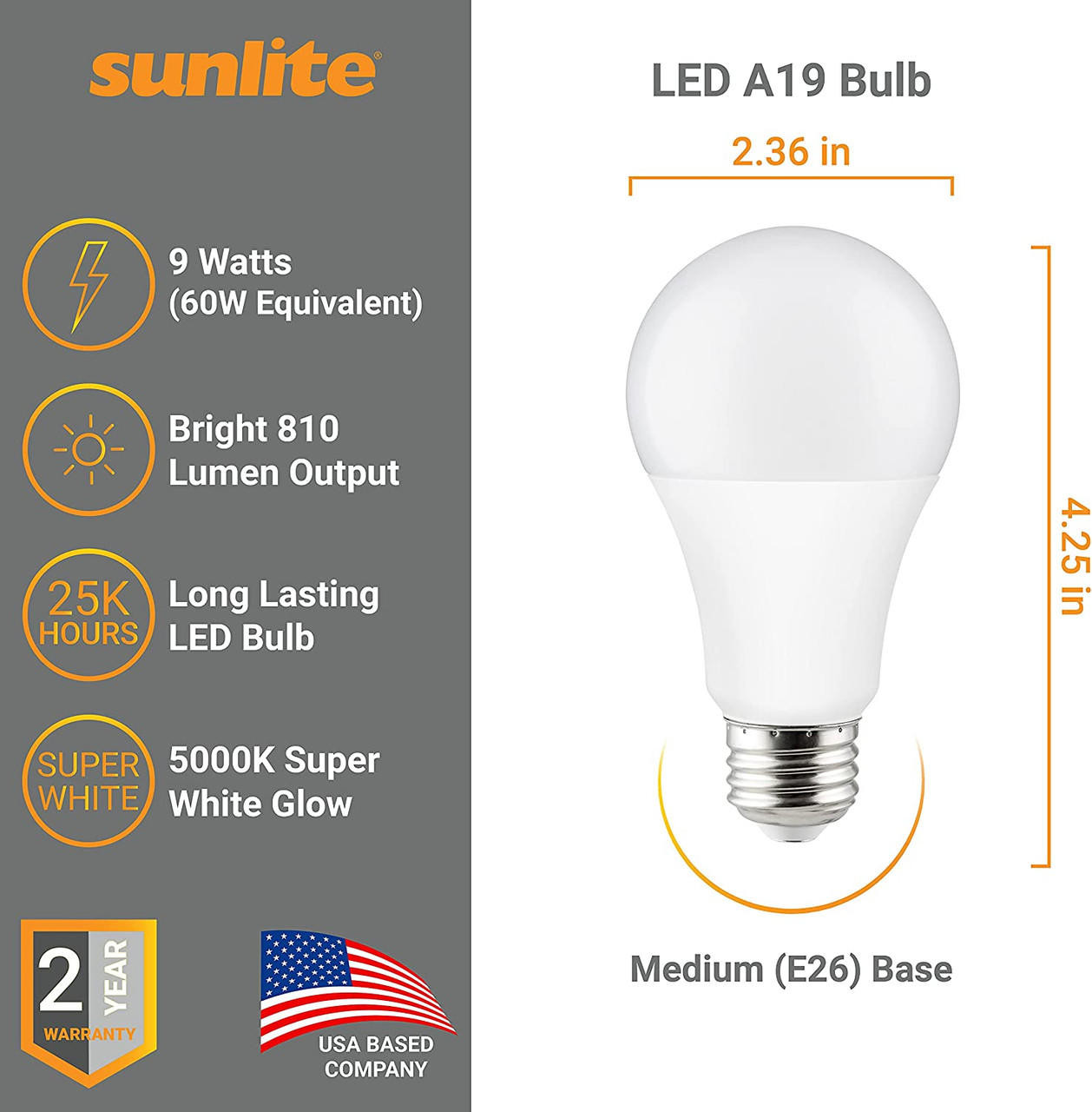 Sunlite 80126-SU | 9W LED A19 Medium Base | 5000K
