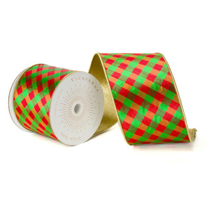 Vickerman QK240335 - Red / Green Metallic Check Wired Decorative Ribbon - 4" x 10 Yards