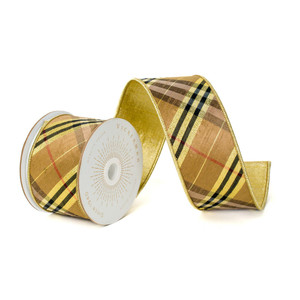 Vickerman QK240560 - Gold / Black Plaid Wired Decorative Ribbon - 2.5" x 10 Yards