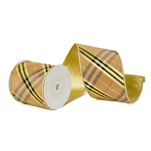 Vickerman QK240565 - Gold / Black Plaid Wired Decorative Ribbon - 4" x 10 Yards