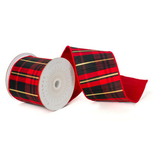 Vickerman QK240580 - Red / Black Dupion Plaid Wired Decorative Ribbon - 4" x 10 Yards