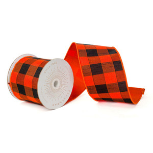 Vickerman QK240715 - Orange / Black Check Wired Decorative Ribbon - 4" x 10 Yards