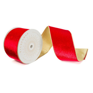 Vickerman QK241175 - Red / Gold Velvet Wired Decorative Ribbon - 4" x 10 Yards