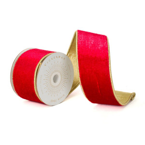 Vickerman QK241180 - Red / Gold Velvet Wired Decorative Ribbon - 2.5" x 10 Yards