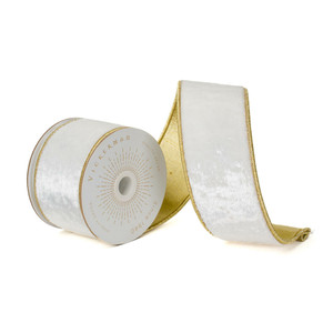 Vickerman QK241185 - Ivory / Gold Velvet Wired Decorative Ribbon - 2.5" x 10 Yards