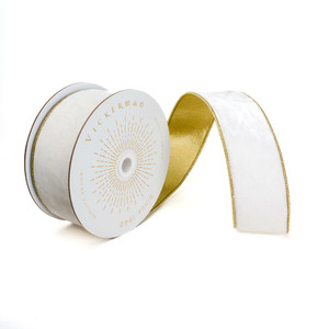 Vickerman QK241340 - Ivory / Gold Velvet Wired Decorative Ribbon - 2.5" x 10 Yards