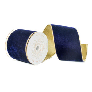 Vickerman QK242575 - Navy / Blue Velvet Wired Decorative Ribbon - 4" x 10 Yards