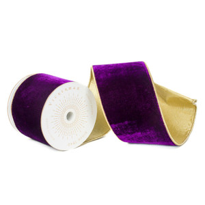 Vickerman QK242580 - Purple / Gold Velvet Wired Decorative Ribbon - 4" x 10 Yards