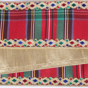 Vickerman QK250200 - Multi / Gold Jewel Plaid Wired Decorative Ribbon - 4" x 5 Yards