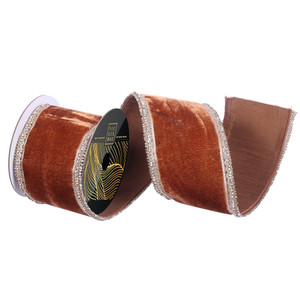 Vickerman QK251276 - Mocha / Champagne Velvet Wired Decorative Ribbon - 4" x 5 Yards