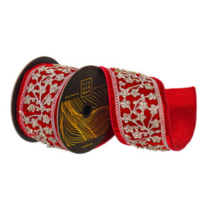 Vickerman QK252703 - Red Jewel Floral Wired Decorative Ribbon - 4" x 5 Yards