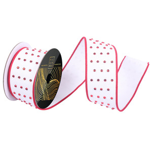 Vickerman QK253503 - White / Red Dupion Wired Decorative Ribbon - 2.5" x 10 Yards