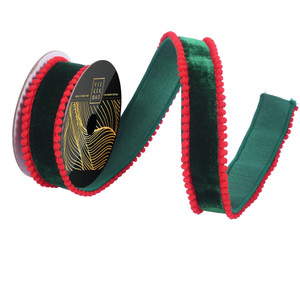 Vickerman QK254524 - Emerald / Red Pom Pom Wired Decorative Ribbon - 1.5" x 10 Yards