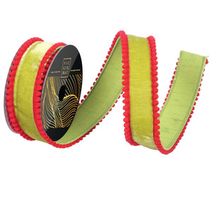 Vickerman QK254573 - Lime / Red Pom Pom Wired Decorative Ribbon - 1.5" x 10 Yards