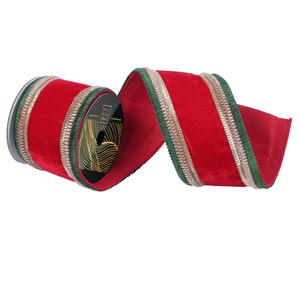 Vickerman QK256203 - Red / Gold Velvet Wired Decorative Ribbon - 4" x 5 Yards 