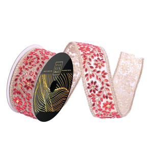 Vickerman QK256503 - Red / Gold Jewel Floral Wired Decorative Ribbon - 2" x 5 Yards