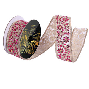 Vickerman QK256570 - Fuchsia / Gold Jewel Wired Decorative Ribbon - 2" x 5 Yards 