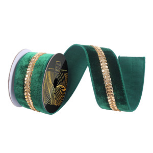 Vickerman QK258124 - Emerald / Gold Velvet Wired Decorative Ribbon - 2.5" x 5 Yards