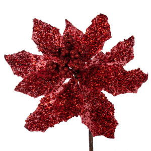 Vickerman L250103UV - 9 in. Red Glitter Poinsettia Stem UV Artificial Spray - 3 Pack