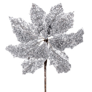 Vickerman L250107UV - 9 in. Silver Glitter Poinsettia UV Artificial Spray - 3 Pack 