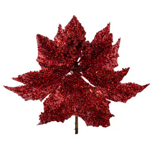 Vickerman L250303UV - 12 in. Red Glitter Poinsettia Stem UV Artificial Spray - 2 Pack 
