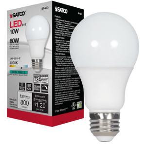 Satco S8480 - 10W LED A19 Bulb - 4000K - 90 CRI Dimmable