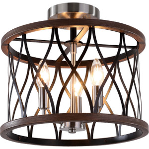 Volume Lighting  V2193-19 Brushed Nickel & Walnut Caged Semi Flush-Mount 