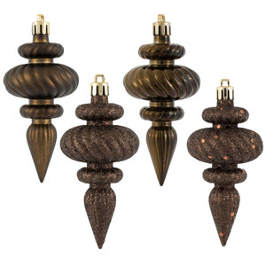 Vickerman N500075 - 4 inch Chocolate 4-Finish Finial Christmas Ornament - 8 Pack