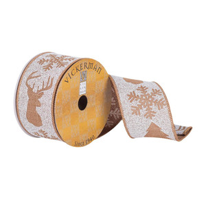 Vickerman Q180263 - Tan / White Deer Tree Snowflake Wired Winter Ribbon - 2.5" x 10 Yards