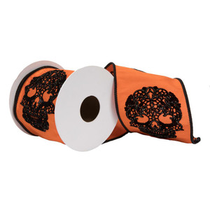 Vickerman QR224571 - Orange Lace Skull Glitter Wired Halloween Ribbon - 4" x 5 Yards