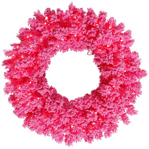 Vickerman K168825LED - 24" Flocked Pink Wreath with Pink LED Lights