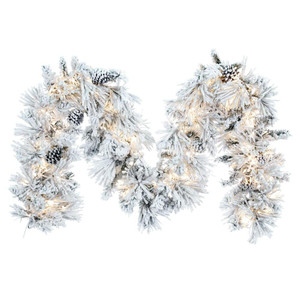 Vickerman K171215LED - 9 ft Flocked White on Green Pine Christmas Garland - Warm White LED
