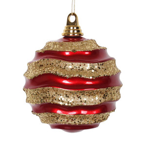 Vickerman M132086 - 6 inch Red & Gold Candy Glitter Wave Ball Christmas Ornament