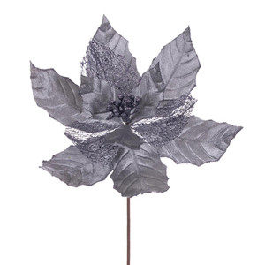 Vickerman QG227987 - 11 in. Pewter Glitter Mesh Poinsettia Artificial Spray - 6 Pack