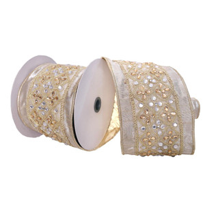 Vickerman Q222761 - Champagne / Silver Jewels Wired Decorative Ribbon - 4" x 5 Yards