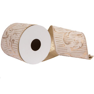  Vickerman QR223121 4"x10yd Ivory Jacquard Gold Ribbon 
