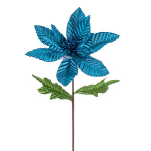 Vickerman RG223112 - 22 in. Turquoise Velvet Glitter Poinsettia Artificial Spray