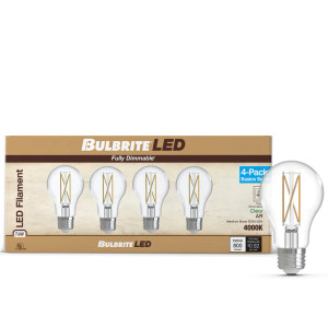 Bulbrite 776228 - Clear Filament LED A19 Bulb - 4000K - Dimmable - 4 Pack 